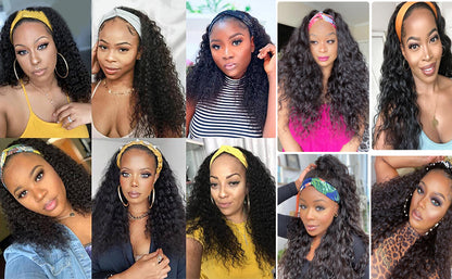 Aiterina Headband Wig Deep Wave 12 Inch Human Hair Headband Wig Curly hair Glueless Human Hair Wigs Machine Made No Lace deep Curly Headband Wigs Natural color