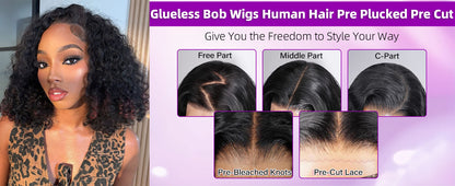 Curly Bob Wig Human Hair 5x5 Wear And Go Glueless Wigs Human Hair Pre Plucked Pre Cut Deep Wave Lace Front Closure Wigs For Black Women 200 Density Curly Wig Glueless Wear And Go Black 12 Inch