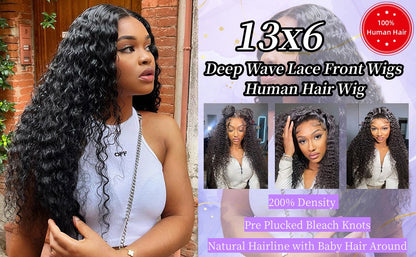 JTMMP 13x6 Deep Wave Lace Front Wigs Human Hair 200% Density 26 Inch Curly Human Hair Wig for Women Natural Black HD Transparent Lace Glueless Frontal Wigs Human Hair Pre Plucked