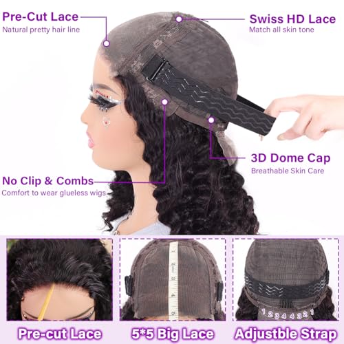 Curly Bob Wig Human Hair 5x5 Wear And Go Glueless Wigs Human Hair Pre Plucked Pre Cut Deep Wave Lace Front Closure Wigs For Black Women 200 Density Curly Wig Glueless Wear And Go Black 12 Inch