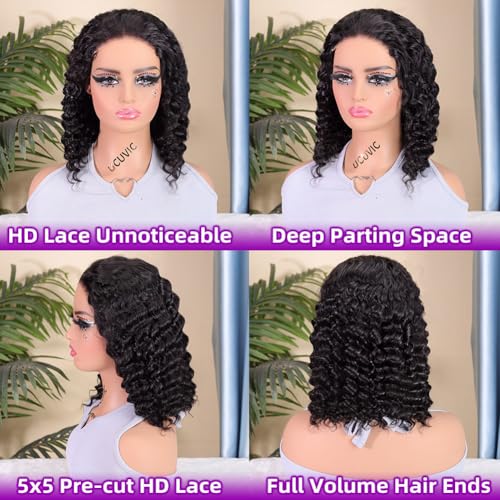 Curly Bob Wig Human Hair 5x5 Wear And Go Glueless Wigs Human Hair Pre Plucked Pre Cut Deep Wave Lace Front Closure Wigs For Black Women 200 Density Curly Wig Glueless Wear And Go Black 12 Inch