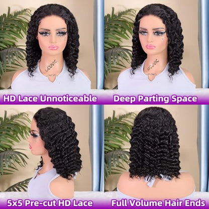 Curly Bob Wig Human Hair 5x5 Wear And Go Glueless Wigs Human Hair Pre Plucked Pre Cut Deep Wave Lace Front Closure Wigs For Black Women 200 Density Curly Wig Glueless Wear And Go Black 12 Inch