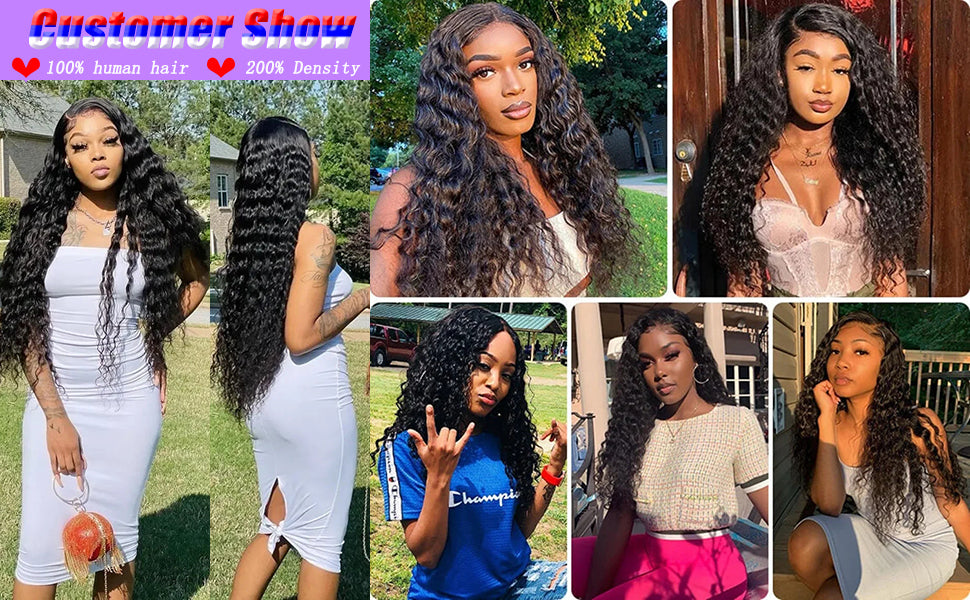 JTMMP 13x6 Deep Wave Lace Front Wigs Human Hair 200% Density 26 Inch Curly Human Hair Wig for Women Natural Black HD Transparent Lace Glueless Frontal Wigs Human Hair Pre Plucked