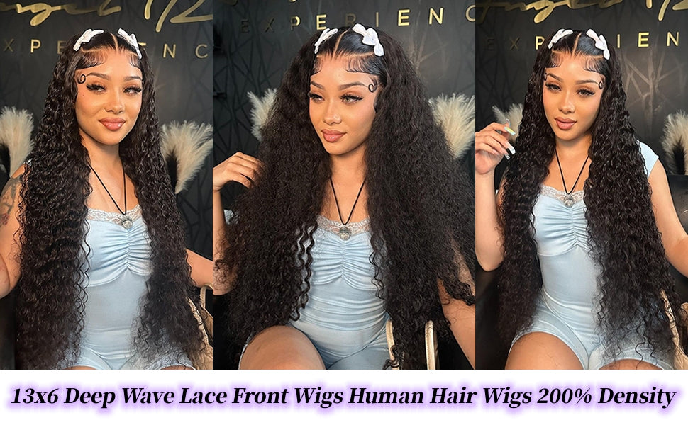 JTMMP 13x6 Deep Wave Lace Front Wigs Human Hair 200% Density 26 Inch Curly Human Hair Wig for Women Natural Black HD Transparent Lace Glueless Frontal Wigs Human Hair Pre Plucked
