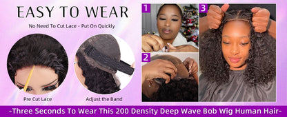 Curly Bob Wig Human Hair 5x5 Wear And Go Glueless Wigs Human Hair Pre Plucked Pre Cut Deep Wave Lace Front Closure Wigs For Black Women 200 Density Curly Wig Glueless Wear And Go Black 12 Inch