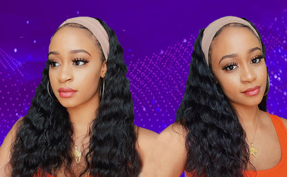 Aiterina Headband Wig Deep Wave 12 Inch Human Hair Headband Wig Curly hair Glueless Human Hair Wigs Machine Made No Lace deep Curly Headband Wigs Natural color