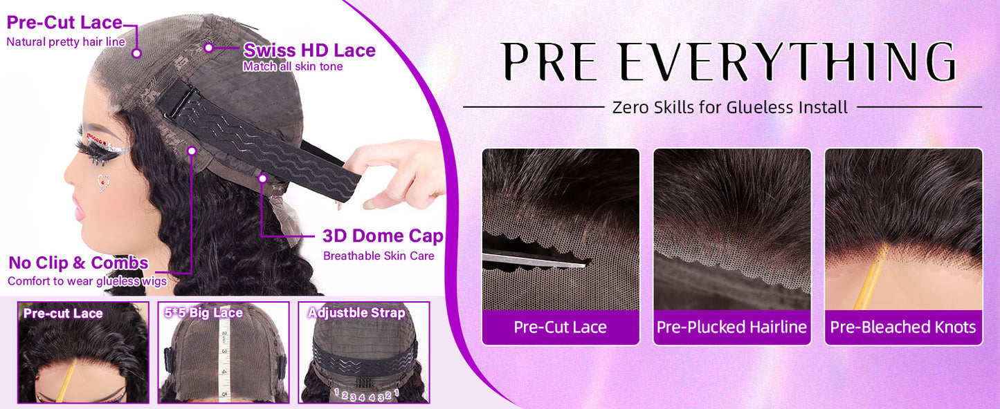 Curly Bob Wig Human Hair 5x5 Wear And Go Glueless Wigs Human Hair Pre Plucked Pre Cut Deep Wave Lace Front Closure Wigs For Black Women 200 Density Curly Wig Glueless Wear And Go Black 12 Inch