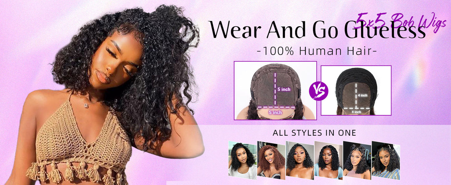 Curly Bob Wig Human Hair 5x5 Wear And Go Glueless Wigs Human Hair Pre Plucked Pre Cut Deep Wave Lace Front Closure Wigs For Black Women 200 Density Curly Wig Glueless Wear And Go Black 12 Inch
