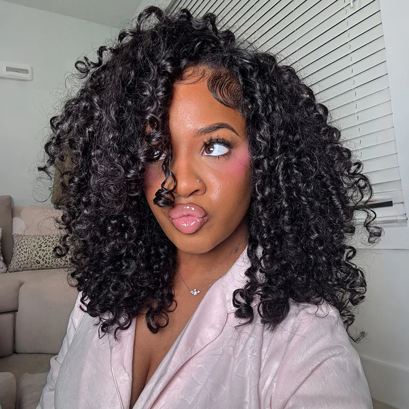 ISEE Burmese Curly Half Wig InvisiFit Strap Human Hair Wear Go Glueless Wig for Beginners